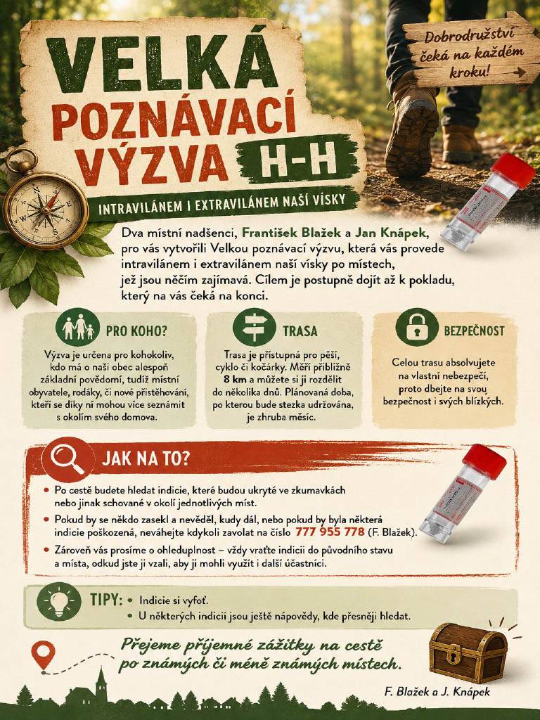 Dva místní nadšenci, František Blažek a Jan Knápek, pro vás vytvořili Velkou poznávací výzvu, která vás provede intravilánem i extravilánem naší vísky po místech, jež jsou něčím zajímavá. Cílem je postupně dojít až k pokladu, který na vás čeká na konci.