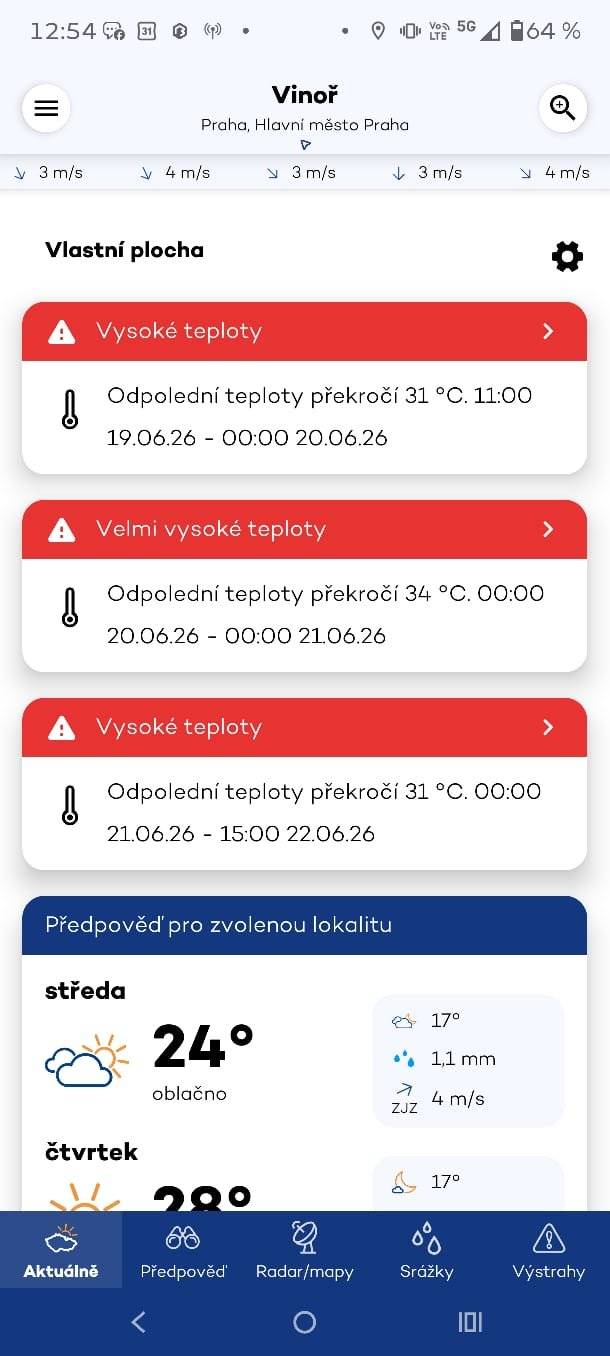 Český hydrometeorologický ústav upozorňuje, že v nejbližšších dnech budou vysoké teploty - v pátek odpoledne se očekává, že teplota překročí 31 °C, v sobotu odpoledne 34 °C, v neděli odpoledne 31 °C. Přizpůsobte tomu svůj denní režim. Vysoké teploty znamenají vysokou zátěž na lidský organismus, riziko přehřátí a dehydratace. Doporučuje se dodržovat pitný režim, zvýšit konzumaci neslazených nealkoholických nápojů, které je vhodné kombinovat s minerálními vodami. Doporučuje se omezit tělesnou zátěž v poledních a odpoledních hodinách. Nenechávat děti nebo i zvířata na přímém slunci, zvláště v zaparkovaných automobilech.
