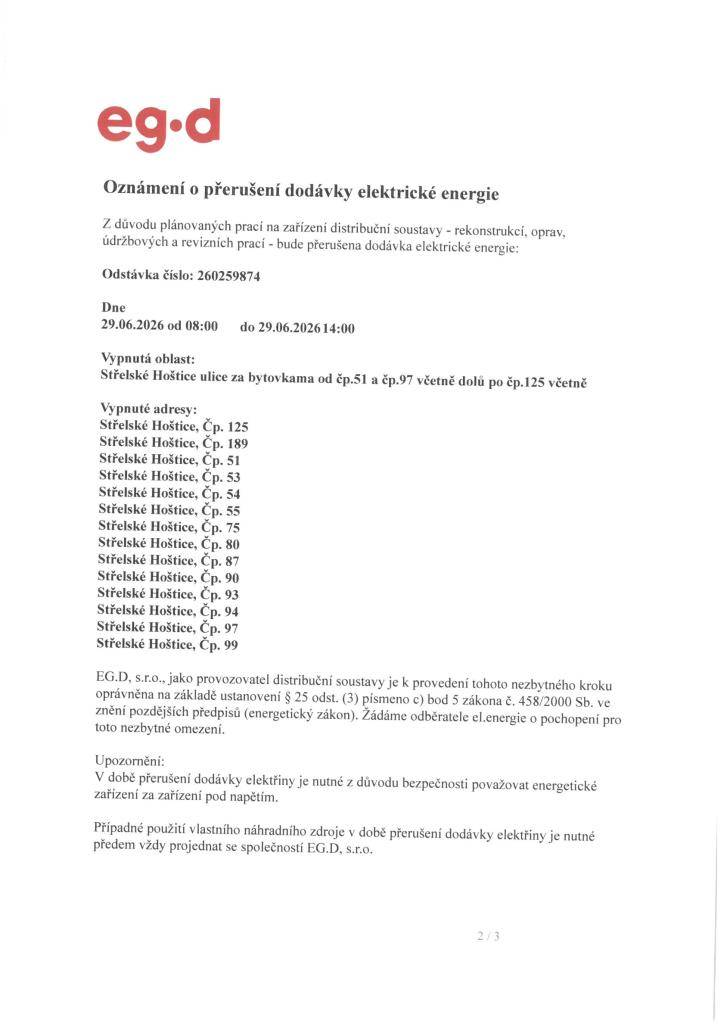 Oznámení o přerušení dodávky elektrické energie dne 29.06.2026