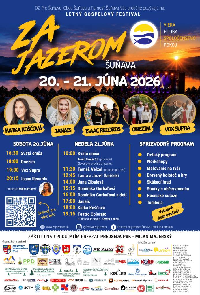 V dňoch 20.-21. júna 2026 sa na festivalovej lúke v Šuňave uskutoční 11.ročník letného gospelového festivalu Za jazerom, na ktorý ste srdečne pozvaní. Čaká Vás pestrý program pre deti i dospelých pri gospelovej hudbe.