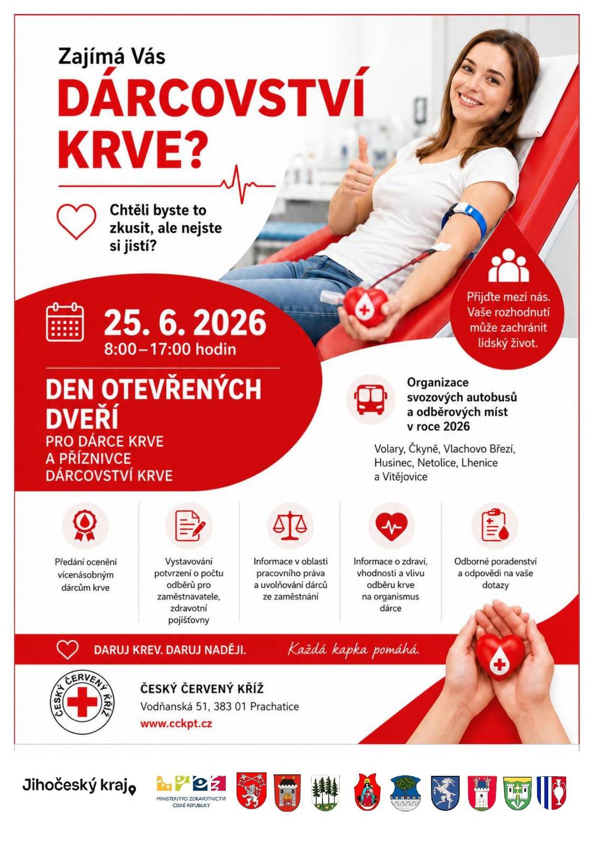 Na sobotu 14. června připadl Světový den dárců krve - právě ten si chceme připomenout dnem otevřených dveří věnovaný právě dárcovství krve. Ve čtvrtek 25. června od 8 do 17 hodin proto bude v prostorách Oblastního spolku Českého červeného kříže Prachatice na adrese Vodňanská 51 (nad lékárnou) pro všechny návštěvníky připravena malá pozornost, naši pracovníci rádi zodpovědí všechny dotazy ohledně - organizace svozových autobusů pro dárce krve i odběrového místa (harmonogram pro rok 2026), - podpory dárců krve (informační servis o akcích zdravotních pojišťoven, poradenství v oblasti pracovního práva a uvolňování dárců ze zaměstnání; zdraví, vhodnosti a vlivu odběru krve na organismus dárce, vystavování potvrzení o počtu odběrů pro zaměstnavatele, zdravotní pojišťovny atd.), - propagace dárcovství krve (setkávání dárců krve a příznivců dárcovství, práce na propagaci dárcovství, organizace akcí). Pro oceněné dárce krve do října 2025, kteří se nemohli dostavit na slavnostní oceňování, budou připraveny medaile Prof. MUDr. Jana Janského a dárky k vyzvednutí. Bezpříspěvkové dárcovství krve podporují krom Jihočeského kraje a Ministerstva zdravotnictví ČR také obce Prachatice, Vimperk, Volary, Čkyně, Vlachovo Březí, Husinec, Netolice, Vitějovice. Těšíme se na viděnou. Zuzana Pelikánová, ČČK Prachatice   Zuzana Pelikánová