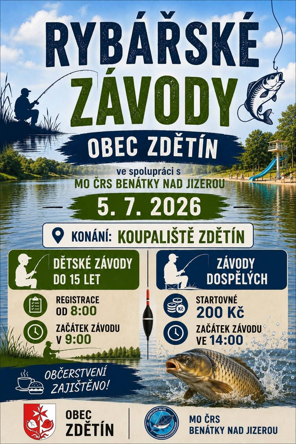 Obec Zdětín ve spolupráci s MO ČRS Benátky nad Jizerou srdečně zve všechny příznivce rybaření na tradiční rybářské závody, které se uskuteční v neděli 5. července 2026 na koupališti ve Zdětíně. Pro děti do 15 let je připraven dětský závod. Registrace začne v 8:00 hodin, samotný závod odstartuje v 9:00 hodin. Dospělí závodníci se mohou těšit na odpolední část soutěže. Startovné činí 200 Kč a závod začne ve 14:00 hodin. Po celou dobu akce bude zajištěno občerstvení. Přijďte si užít příjemný den u vody, zasoutěžit si a strávit čas s rodinou i přáteli. Těšíme se na Vaši účast.