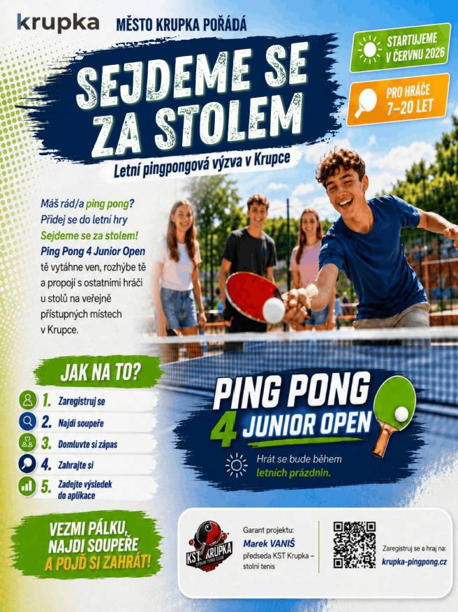 Jsi ve věku 7–20 let? Máš rád/a sport a zábavu? 😎 Přidej se do projektu Sejdeme se za stolem – Ping Pong 4 Junior Open a poměř své síly s ostatními hráči z Krupky! 💪🏓  ✅ Zaregistruj se ✅ Najdi soupeře ✅ Domluv si zápas ✅ Hraj a sbírej výsledky  Čeká tě spousta pohybu, nová přátelství a skvělá letní atmosféra! 🌞🤝  📲 Přihlas se a zjisti více na: https://krupka-pingpong.cz/