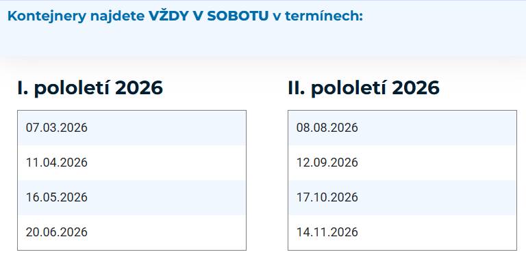 Pro občany Libčic je tu  opět služba velkoobjemových kontejnerů.  Kde: Na pozemku bývalého seřadiště v ulici Tržní Odpad je potřeba na místě roztřídit na převážně dřevitý a ostatní, z nábytku je potřeba odstranit skleněné výplně a větší kovové součásti a na místě je třeba dbát pokynů pracovníků technických služeb.  Co patří do kontejneru na dřevěný odpad?  dřevěný nebo dřevotřískový nábytek bez skleněných výplní a větších kovových prvků stavební prkna, trámky, apod.  Co patří do kontejneru na objemný odpad?  čalouněný nábytek podlahové krytiny matrace zahradní hadice sanitární keramika velká zrcadla sportovní vybavení (kola, lyže, snowboardy...)  Jaký odpad do kontejneru nepatří?  stavební suť a stavební materiály zemina a bioodpad nebezpečný odpad TV, PC a další elektrospotřebiče dřevěný a dřevotřískový nábytek kovy pneumatiky  Informace o odpadech najdete přehledně také na našem webu zde.
