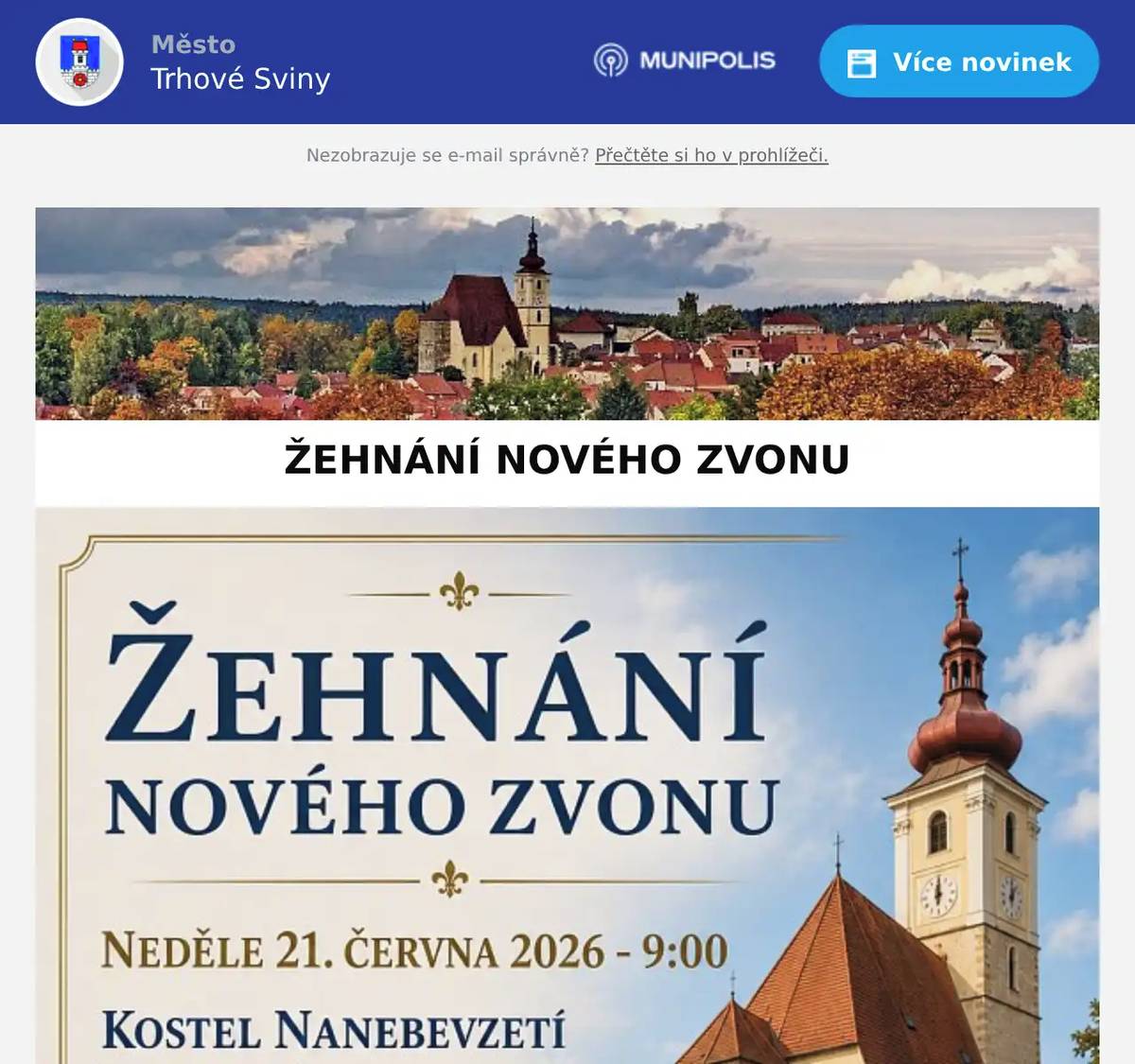 Zveme vás na slavnostní mši svatou, při které se posvětí nový zvon.