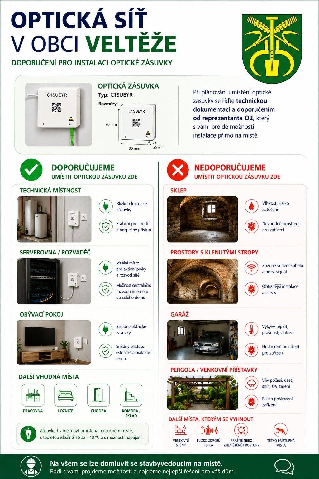 V souvislosti s probíhající akcí instalace optických zásuvek do jednotlivých domácností a s některými nesrovnalostmi, které se při montážích začínají objevovat, vydala společnost CETIN oficiální doporučení k umístění optické zásuvky. V tomto doporučení se občané dozvědí:  kam je vhodné nechat optickou zásuvku instalovat – například místa s dobrou dostupností a bezpečným vedením kabelu (technická místnost, obývací pokoj, pracovna, ložnice, chodba, komora) kam se instalace naopak nedoporučuje – například prostory s rizikem mechanického poškození nebo vlhkosti (sklep, garáž, pergola, prostory s klenutými stropy) rozměry optické zásuvky jsou 80mm x 80mm  Cílem je předejít komplikacím při montáži a zajistit, aby byla zásuvka umístěna bezpečně, funkčně a v souladu s technickými požadavky. Montážní společnost umístění optické zásuvky musí vždy konzultovat s majitelem nemovitosti. Informace budou v nejbližších dnech vhozeny do poštovních schránek.