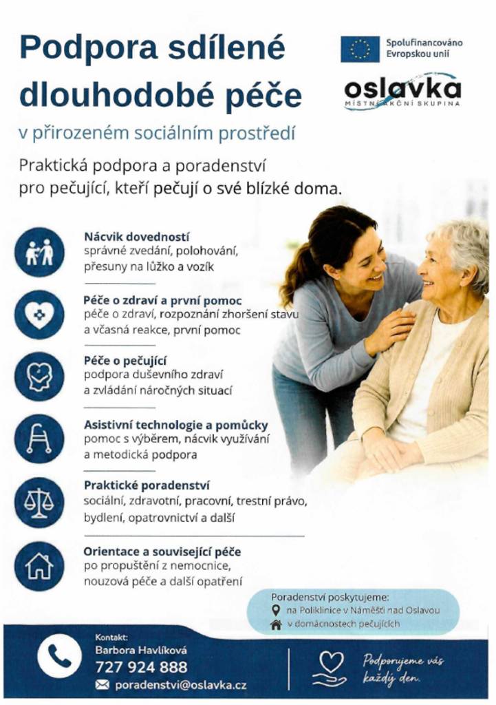 Oslavka, o.p.s. - Podpora sdílené dlouhodobé péče v přirozeném sociálním prostředí. Praktická podpora a poradenství pro pečující, kteří pečují o své blízké doma.