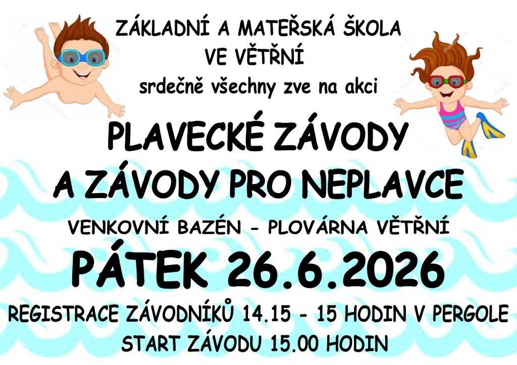 ZŠ a MŠ Větřní zve  na Plovárnu Větřní dne 26.6.2026 od 14:15 hodi