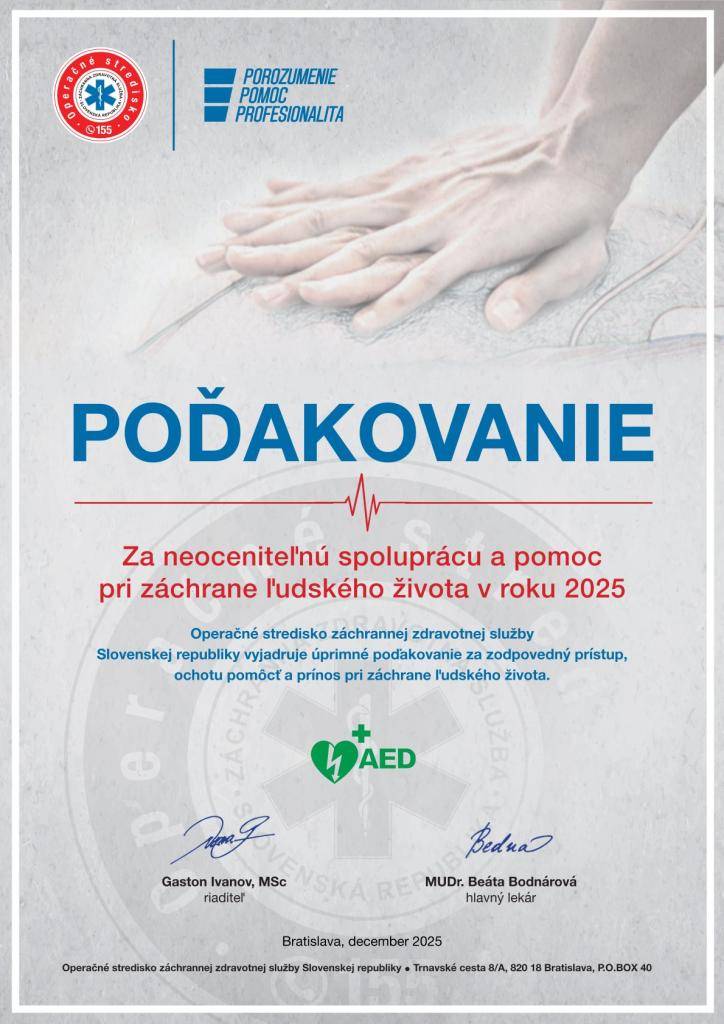 Operačné stredisko záchrannej zdravotnej služby Slovenskej republiky vyjadruje úprimné poďakovanie pre DHZ Vlčkovce za zodpovedný prístup, neoceniteľnú spoluprácu a ochotu pomôcť pri záchrane ľudského života v roku 2025.  Úprimné ďakujeme patrí aj od nás.