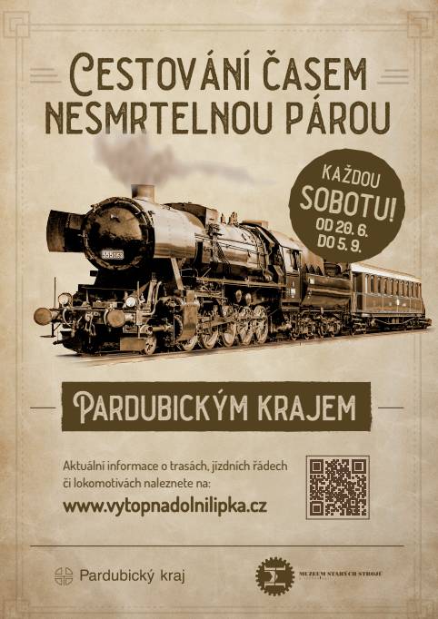 Každou sobotu od 20.06.2026 do 05.09.2026 parní vlaky v Pardubickém kraji. Info na přiloženém letáku.