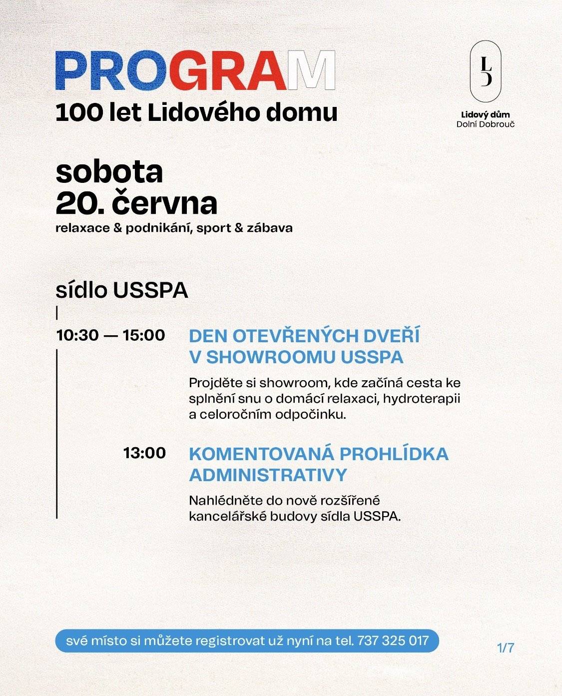 Sál Lidového domu slaví 100 let! Přijďte si s námi ve dnech 20. a 21. června 2026 připomenout toto významné výročí a užít si bohatý celovíkendový program pro všechny generace. Program najdete na www.lidovydumdolnidobrou.cz. Těšíme se na vás.