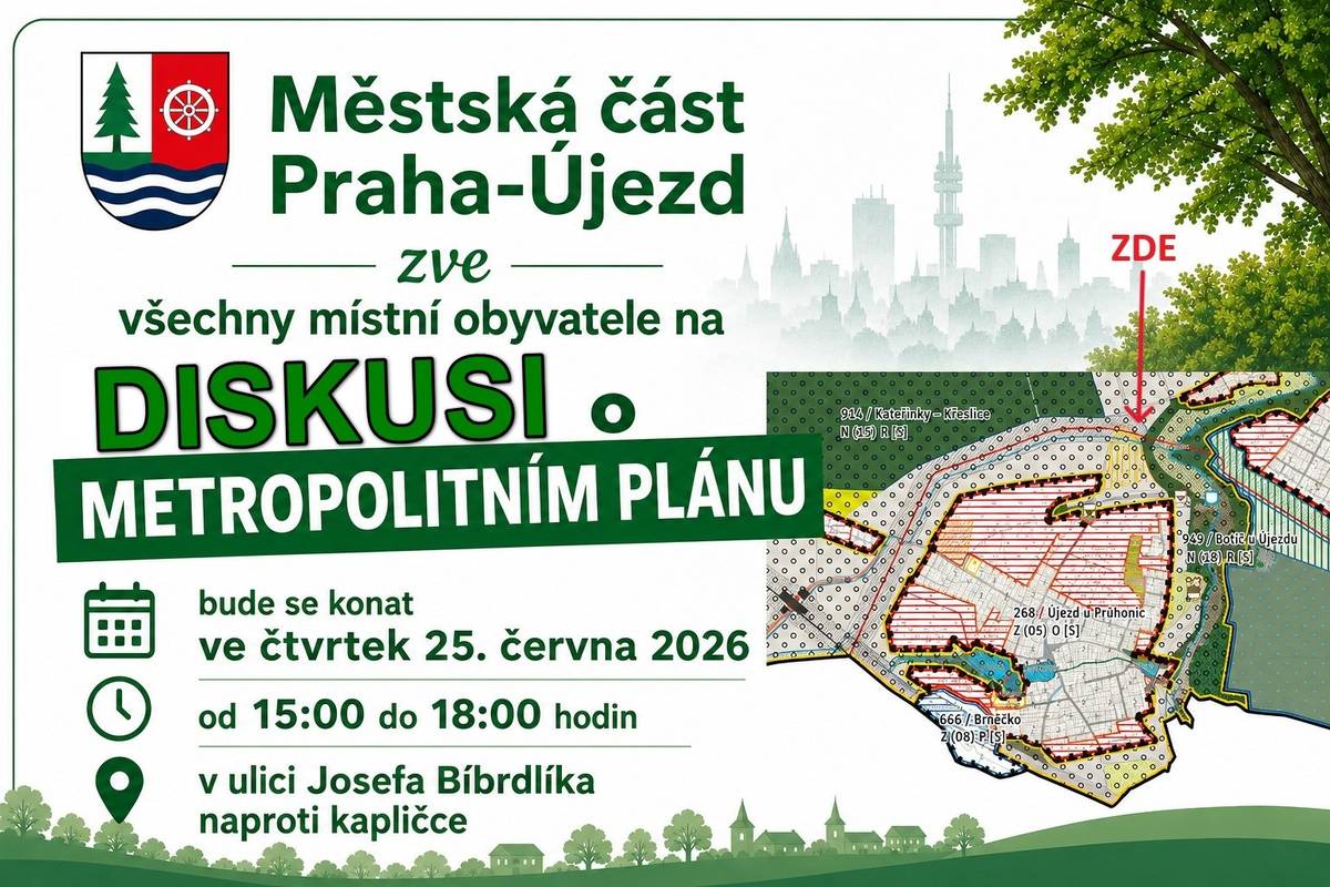 Městská část zve všechny místní obyvatele na diskusi o Metropolitním plánu, která se bude konat ve čtvrtek 25. června 2026 od 15:00 do 18:00 hodin v ulici Josefa Bíbrdlíka naproti kapličce.