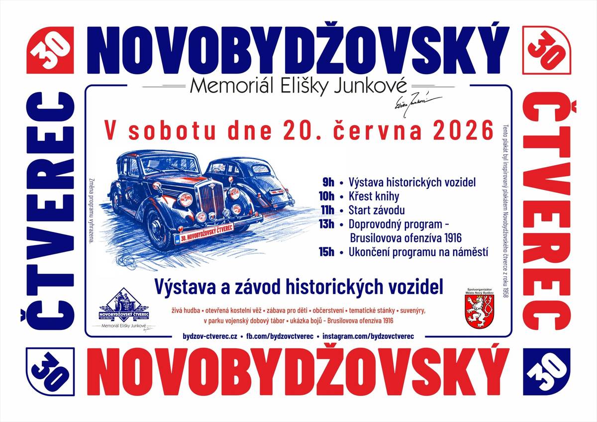 Dobrý den. dovoluji si Vás tímto informovat jménem Klubu přátel historických vozidel, z.s., pořadatele tradičního veteránského závodu Novobydžovský čtverec – Memoriál Elišky Junkové, který se letos koná 20. června 2026.   Naše trasa v délce přibližně 100 km bude procházet i přes Újezd pod Troskami, a to přibližně mezi 13:15 a 16:00 hodinou dne 20.6.2026. Závodu se zúčastní přibližně 100 posádek na historických vozidlech – automobilech a motocyklech vyrobených do roku 1989. Nejde o závod rychlosti – účastníci jedou v normálním silničním provozu, v běžném tempu a s plným respektem k ostatním účastníkům silničního provozu. V příloze zasílám oficiální plakát akce. Budeme velmi rádi, pokud by případně někdo přišel závodníky povzbudit. S pozdravem a s díky za vstřícnost,   Vít Šanda Místopředseda klubu Novobydžovský čtverec ✉️ mistopredseda@bydzov-ctverec.cz