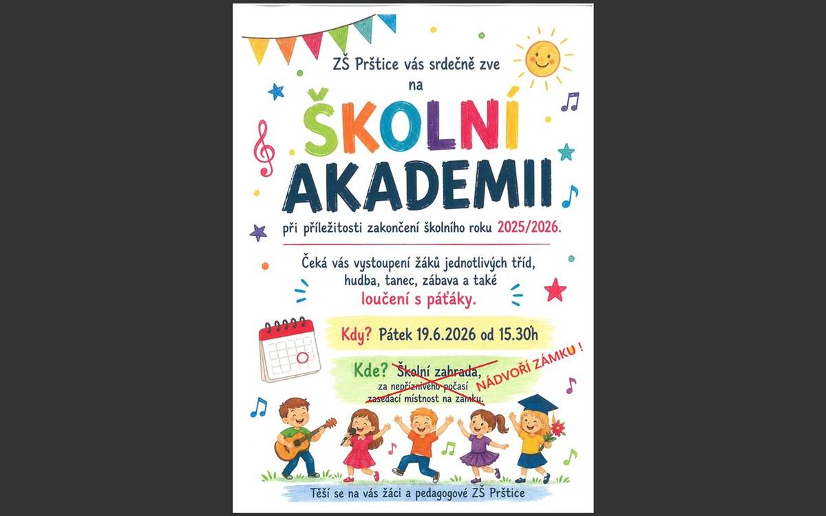 Z důvodu vysokých teplot se bude školní akademie konat na nádvoří zámku v Pršticích. Děkujeme za pochopení.