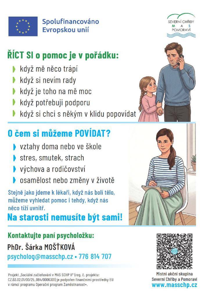 Naše obec ve spolupráci s Místní akční skupinou Severní Chřiby a Pomoraví (MAS SCHP) nabízí zdarma psychologické poradenství pro děti, dospívající i dospělé v bezpečném a respektujícím prostředí. Společně s paní psycholožkou můžete hledat cestu v náročných životních situacích, při stresu, úzkostech