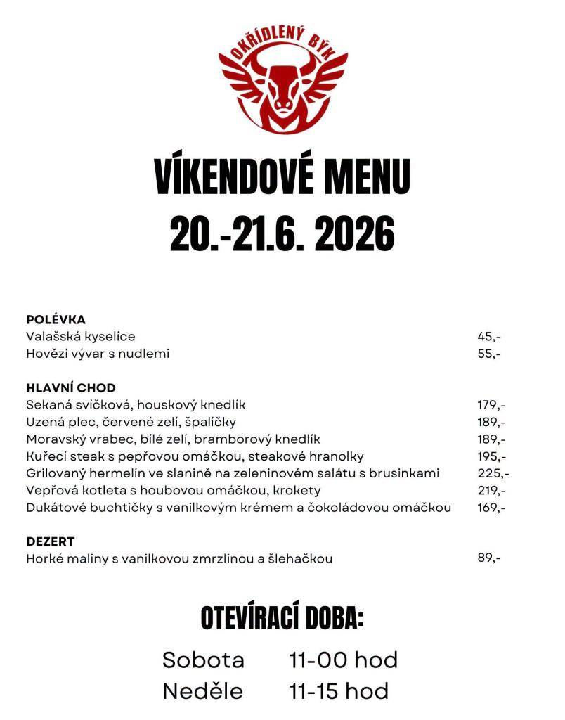 Restaurace Okřídlený Býk připravila na sobotu a neděli speciální víkendové menu plné poctivé domácí kuchyně. Pokud si chcete užít letní víkend jinak než u sporáku, můžete si zajít na oběd nebo vzít rodinu na něco dobrého.