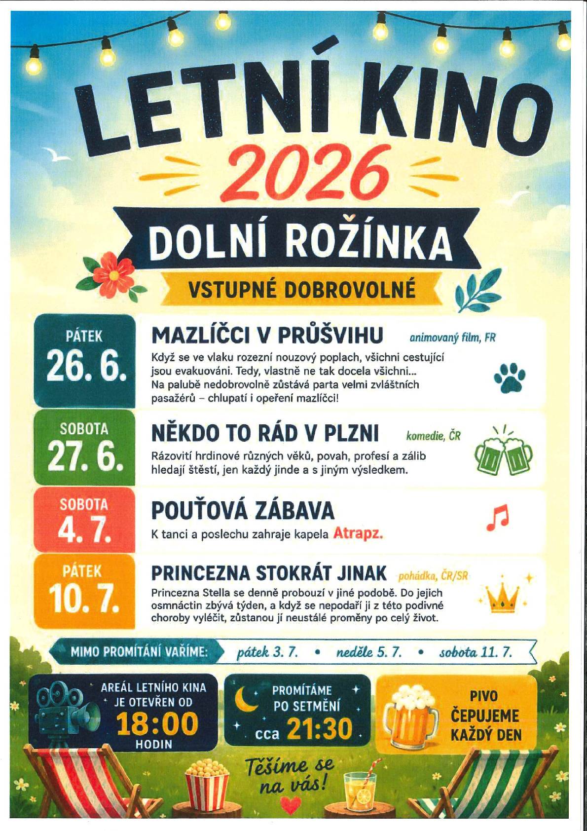 SDH Dolní Rožínka pořádá tradiční letní kino v zámeckém parku v Dolní Rožínce. Program viz plakátek.