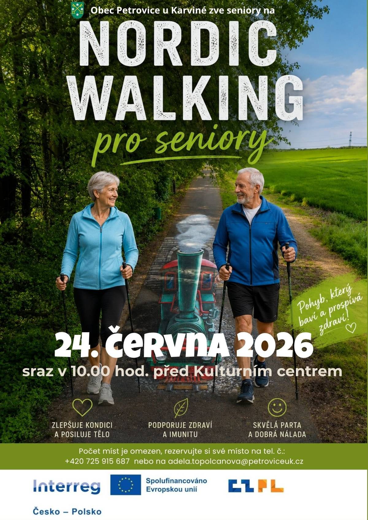 Přidejte se k nám na příjemnou procházku na čerstvém vzduchu. Nordic Walking hole vám na místě půjčíme, takže vlastní vybavení nepotřebujete.     Účastníky rozdělíme do dvou skupin, z nichž jedna půjde pohodovým tempem a druhá o něco svižněji. Společně uděláte něco pro své zdraví, posílíte imunitu a strávíte čas v příjemné společnosti.     Počet míst je omezen. Rezervujte si místo na tel. č.: 725 915 687 nebo emailem adela.topolcanova@petroviceuk.cz