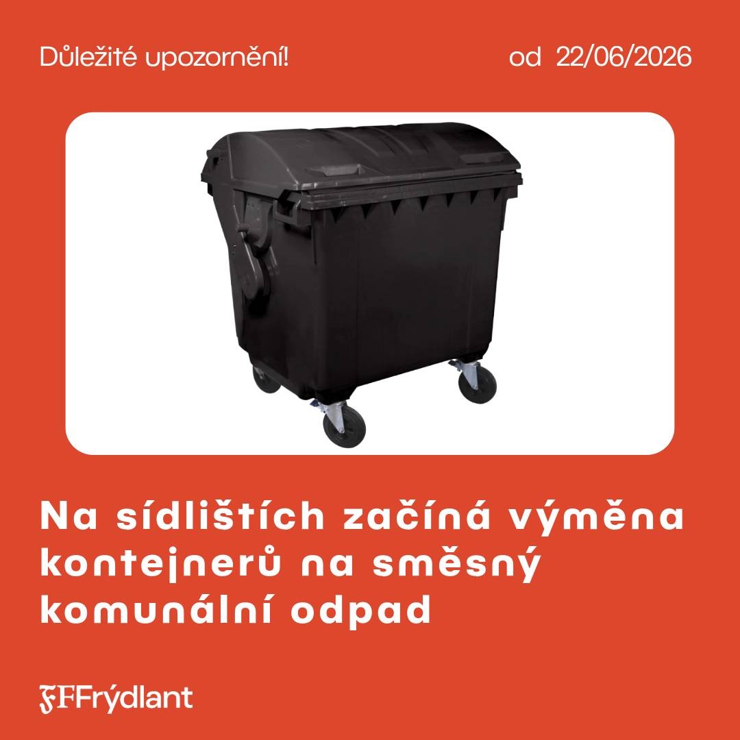 Od pondělí 22. června budou na sídlištích postupně vyměňovány černé kontejnery na směsný komunální odpad za nové nádoby o objemu 1100 l. 🔑 Nové kontejnery budou vybaveny gravitačními zámky a otevřít je bude možné pouze klíčem. 📍 Klíče vydává odbor majetkosprávní Městského úřadu Frýdlant (radnice, dveře č. 8). Výměna bude probíhat postupně, nové nádoby budou přistavovány a původní odváženy. Děkujeme za pochopení a spolupráci.