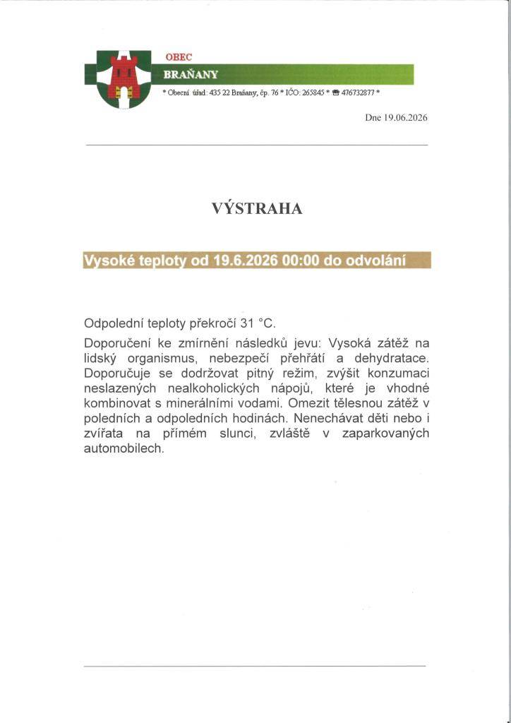 Výstraha vysoké teploty od 19.6.2026 do odvolání