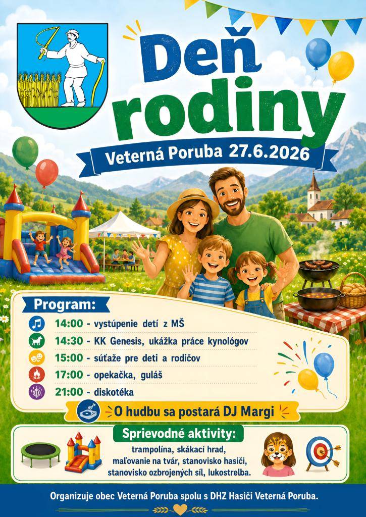 Obec Veterná Poruba pozýva všetkých na Deň rodiny, ktorý sa uskutoční 27. júna 2026.
