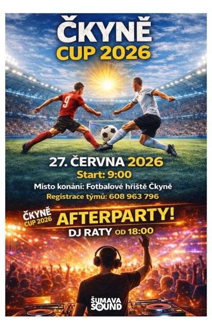 V sobotu dne 27.06.2026 se koná sportovní turnaj v malé kopané Čkyně Cup 2026 v areálu fotbalového hřiště ve Čkyni.