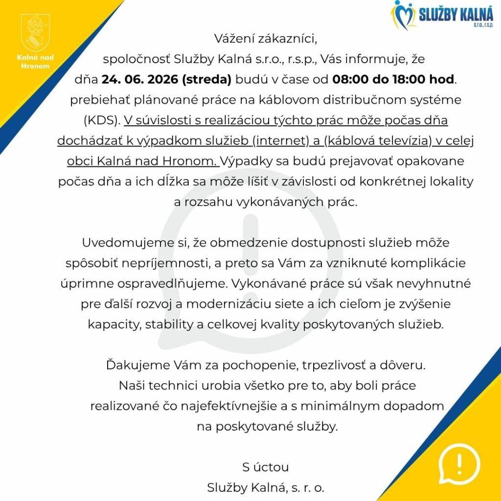 Plánované práce na káblovom distribučnom systéme