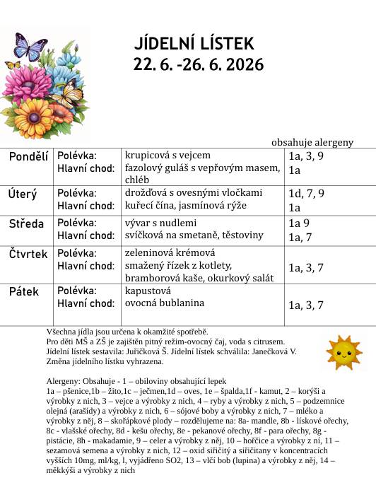 Jídelní lístek od 22.6. do 26.6.2026