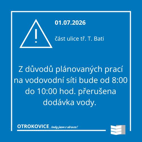 Z důvodu plánovaných prací na vodovodní síti bude dne 01.07. od 08:00 do 10:00 přerušena dodávka vody v části ul. tř. T. Bati. Více info na www.vodarnazlin.cz/aktuality