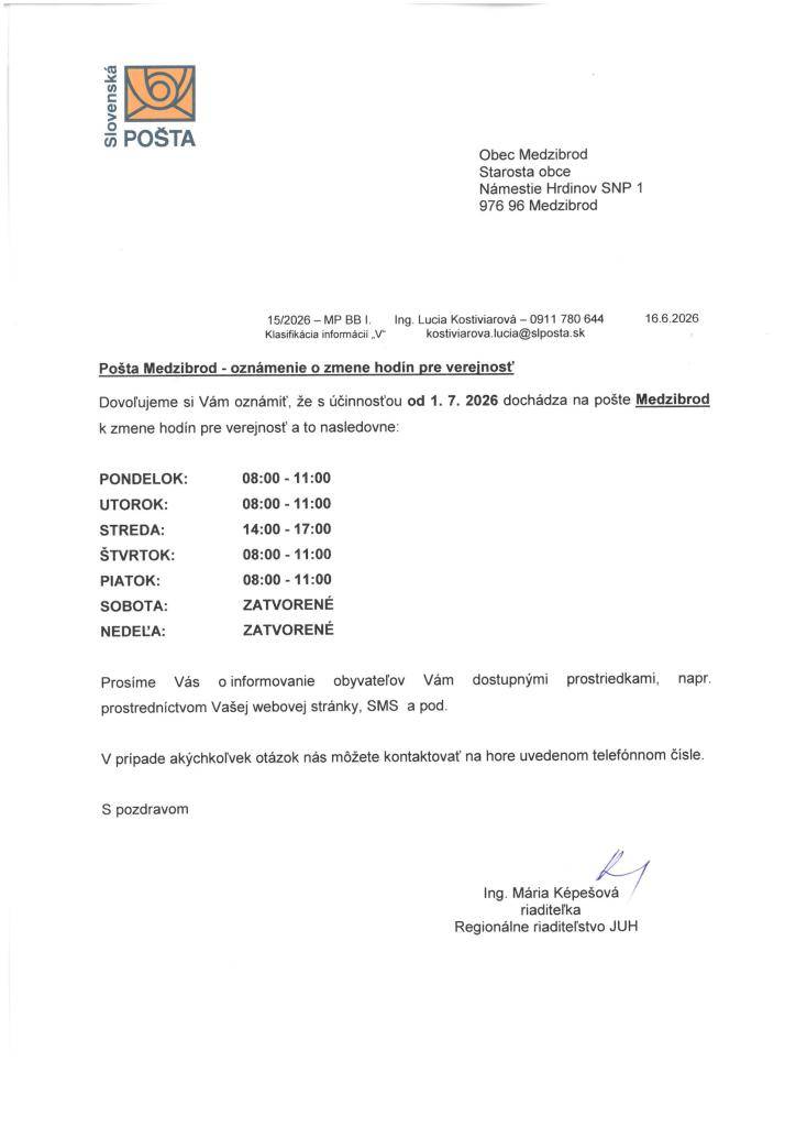 Slovenská pošta oznamuje zmenu otváracích hodín pre verejnosť od 1.7.2026