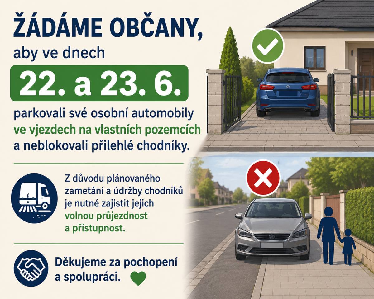 Žádáme občany, aby ve dnech 22. a 23. 6. parkovali své osobní automobily ve vjezdech na vlastních pozemcích a neblokovali přilehlé chodníky. Z důvodu plánovaného zametání a údržby chodníků je nutné zajistit jejich volnou průjezdnost a přístupnost. Děkujeme za pochopení a spolupráci.