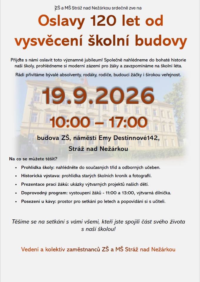 ZŠ a MŠ Stráž nad Nežárkou srdečně zve na oslavy výročí 120 let školy, které se uskuteční 19. září 2026. Přijďte si prohlédnout moderní zázemí školy, nahlédnout do její bohaté historie a zúčastnit se různých aktivit pro všechny generace.