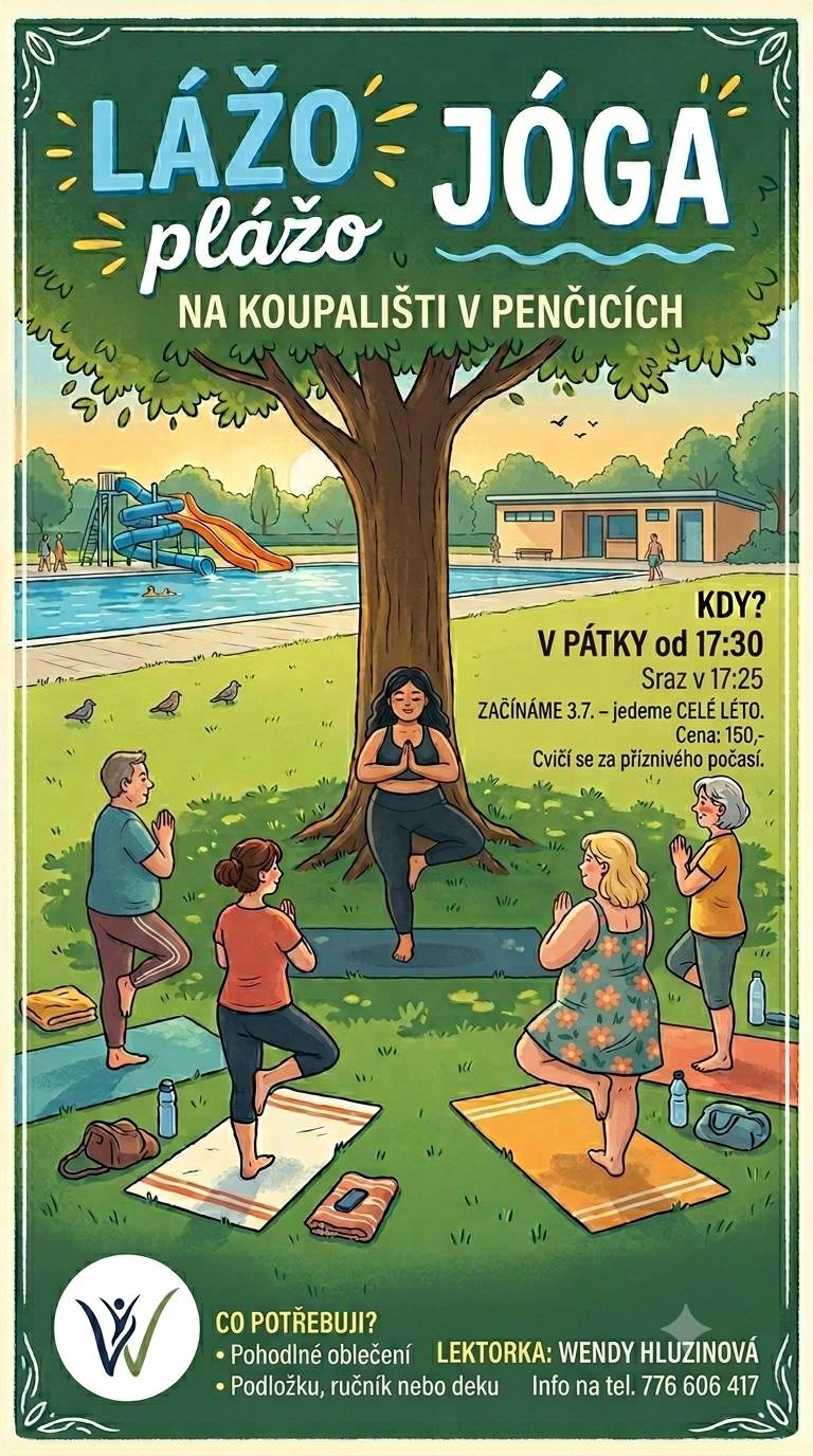 Dobrý den, předtavujeme vám novinku na plaveckém areálu v Přerově a na koupališti v Penčicích: Přijďte si užít „Lážo plážo jógu“ pod širým nebem! Vážení návštěvníci, letošní léto na koupalištích pod hlavičkou Sportovišť Přerov bude nejen o osvěžení ve vodě, ale také o skvělé pohodě pro vaše tělo i mysl. Připravili jsme pro vás letní novinku, která promění podvečery u vody v oázu klidu. Každý týden během celých prázdnin máte možnost zacvičit si přímo na travnaté ploše Lážo plážo jógu s lektorkou Wendy Hluzinovou. Kde a kdy se potkáme?  Venkovní Koupaliště Přerov: Každou STŘEDU od 17:30 (začínáme 1. 7.). Sraz v 17:25 pod stromy za beachvolejbalem. Koupaliště Penčice: Každý PÁTEK od 17:30 (začínáme 3. 7.). Sraz v 17:25 pod stromy na trávě.  Pro koho je cvičení určeno? Úplně pro každého! Nemusíte být žádní jógoví experti. Lekce jsou zaměřené na příjemné protahování zad po celém dni, správné dýchání a uvolnění stresu. Cvičení je přizpůsobené začátečníkům, lidem se sedavým zaměstnáním i aktivním seniorům. Žádná složitá cvičení, jen zdravý a přirozený pohyb pro každé tělo. Lekce budou vedené lehce, s humorem a uvolněním. Netřeba se bát žádné jógové hatmatilky. Co s sebou potřebujete? Vůbec nic speciálního. Stačí vám jen to, co už na koupáku dost možná budete mít s sebou – tedy pohodlné oblečení, větší ručník nebo deka a chuť udělat něco pro sebe. Samozřejmě vlastní podložka na jógu je výhodou, ale zvládnete to i bez ní. Kolik to stojí?  Cena: 150 Kč / lekce  Není třeba se hlásit předem, prostě jen přijďte, hoďte starosti za hlavu a užijte si to. Důležité info: Cvičíme za příznivého počasí. V případě nejistoty sledujte aktuální info zde na sociálních sítích. Máte-li dotazy, zda cvičení zvládnete, nebo jakékoli jiné, ozvěte se přímo Wendy na tel. 776 606 417 a rovnou to s ní proberte. Těšíme se na vás pod stromy u vody!     S pozdravem Plavecký areál Přerov
