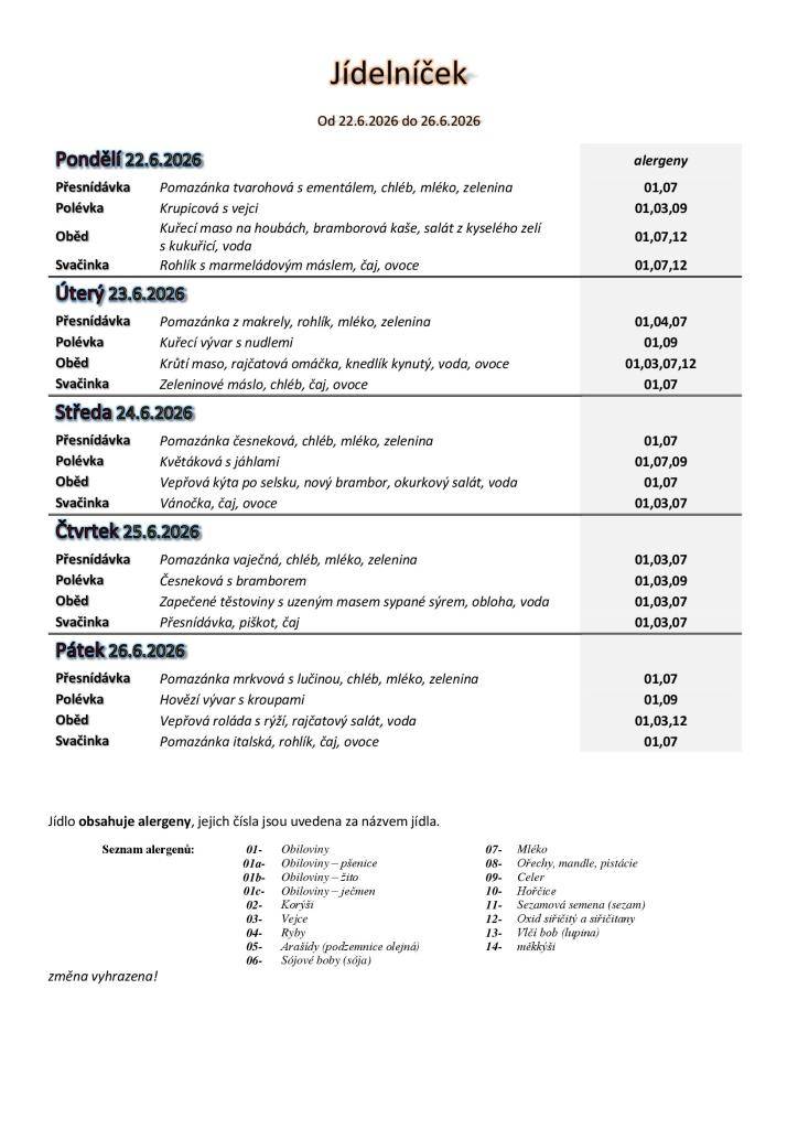Jídelníček základní školy platný v týdnu od 22. - 26.6.2026