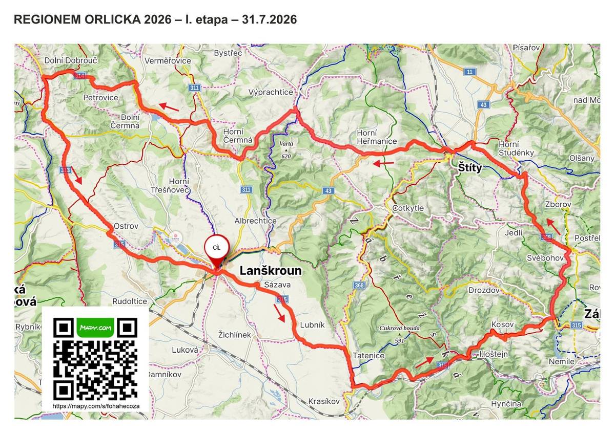 Sportovní klub policie Duha Lanškroun připravuje na termín 31.07. – 02.08.2026 40. ročník Mezinárodního cyklistického závodu Regionem Orlicka pro kategorii Junior.  Hlavním dějištěm závodu bude město Lanškroun a silnice v Pardubickém a Olomouckém kraji. Jedná se o sportovní akci s dlouholetou tradicí. V přehledu dosavadních vítězů jsou jména jako Pavel Padrnos, Peter Lutenberger, Leopold Konig, Peter Sagan, Josef Černý, Daniel Turek, Michal Schlégel, Lenard Kemna, Jakub Otruba, Pavel Bittner, Matyas Kopecky. Štěpán Zahálka, Pavel Šumpík., nebo vítěz z roku 2025 Matěj Piták. Všichni jmenovaní se později prosadili v pelotonu dospělých a dosáhli úspěchů v nejprestižnějších etapových závodech profesionální cyklistiky. Na start 40. ročníku kromě Českých klubů, pořadatel pozval týmy z Německa, Polska, Rakouska, Slovenska, Belgie, Dánska, Maďarska, Norska a Nizozemí. Pro závodníky je připraveno šest soutěží: Soutěž jednotlivců (U/19), Sprinterská soutěž, Soutěž o nejlepšího vrchaře, Soutěž o nejlepšího závodníka Juniora (U/18), Soutěž o nejlepšího Kadeta (U/17) a Soutěž družstev. Program závodu: Pátek 31.07.2026 Lanškroun 16:00 Představení závodníků, zahájení závodu na náměstí M. Marků 17:00 start I. etapy : – Silniční závod 75 km na okruhu: Lanškroun, Tatenice, Hoštejn, Kosov, Horní Studénky, Štíty, Heřmanice, Výprachtice, Nepomuky, Dolní Čermná, Petrovice, Dolní Dobrouč, Ostrov u Lanškrouna, Lanškroun . Na trati jsou tři Horské prémie vždy na vrcholu stoupání v místech: Kosov, Horní Studénky a Štíty a tři Rychlostní prémie v místech Tatenice, Výprachtice a Dolní Dobrouč. Závodníky budeme očekávat v cíli na Náměstí M. Marků přibližně v 18:45 hodin. Sobota 01.08.2026 8:00 Lanškroun Je na programu II. etapa "Nepomucká" Časovka jednotlivců na trati Lanškroun, Nepomuky a zpět Start v ulici Kralické u firmy FOREST POINT. Jede se na uzavřené trati pro veškerý provoz. Vjezd pro čerpání PHM u Firmy FOREST POINT Bude povolen. Objízdná trasa pro ostatní dopravu je vedena z Lanškrouna směr Třešňovec a Horní Čermnou směr Nepomuky. Obrácený směr vede: Nepomuky, Horní Čermná, Třešňovec, Lanškroun. Sobota 01.08.2026 Jablonné nad Orlicí Start 15:00 hod. start náměstí 5. Května - III.etapa - Králická - silniční závod. 85 km Po slavnostním startu se vyjede po silnici č. I/11 směr Červenovodské Sedlo (Horská prémie), Červená Voda, po sil.č.I/43 směr Dolní Orlice, Horní Orlice, Hedeč, Králíky, (Rychlostní prémie), dále po silnici č. I/43 směr Červená Voda, Železniční přejezd, kruhový objezd, po silnici I/11 směr Červená Voda, křiž. se sil. č.31230 Moravský Karlov vlevo, Železniční přejezd Bílá Voda, Křiž. Moravský Karlov vpravo směr Písařov (Horská prémie), Písařov křiž. se sil. č. I/11 vpravo, křiž. se sil. I/43 Bukovice vlevo, Štíty vlevo po sil. č. II/368 směr Cotkytle, na vrcholu stoupání Lázek Horská prémie, dále po silnici č. II/368 směr Tatenice křiž vpravo na sil. č. II/315 směr Lanškroun, Po příjezdu do Lanškrouna pořadatel přidal ještě cílový okruh směr. Rudoltice, Ostrov, Lanškroun.. Závodníky můžeme očekávat v cíli v cca v 16:45 hodin Neděle 02.08.2026 9:00 hod. Start Nám. M. Marků - IV. etapa - silniční závod, Regionem Orlicka 85 km Řazení závodníků na startu bude probíhat za uzavřeného provozu na Nám. M. Marků. Trasa IV. Etapy je vedena: Výjezd z města po ulici Dobrovského sil. č.I/43, křiž. ul. Kralická Vlevo po silnic II/311, dále Nepomuky, Horní Čermná, Dolní Čermná, Verměřovice,. Letohrad, Horská prémie Šedivec vlevo na sil.č.I/11, Rychlostní prémie Žamberk, dále směr Dlouhoňovice, Hejnice, České Libchavy, Horská prémie Rozsocha, dále Rviště, Libchavy, Ústí nad Orlicí, Horská prémie Andrlův Chlum, směr Řetůvka , Rychlostní Prémie Řetová, Přívrat přímo, křiž. Nad 