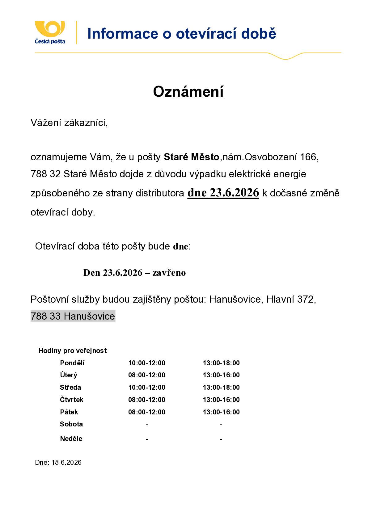V úterý dne 23. června bude z důvodu odstávky elektrické energie uzavřena Benzínka ve Starém Městě.