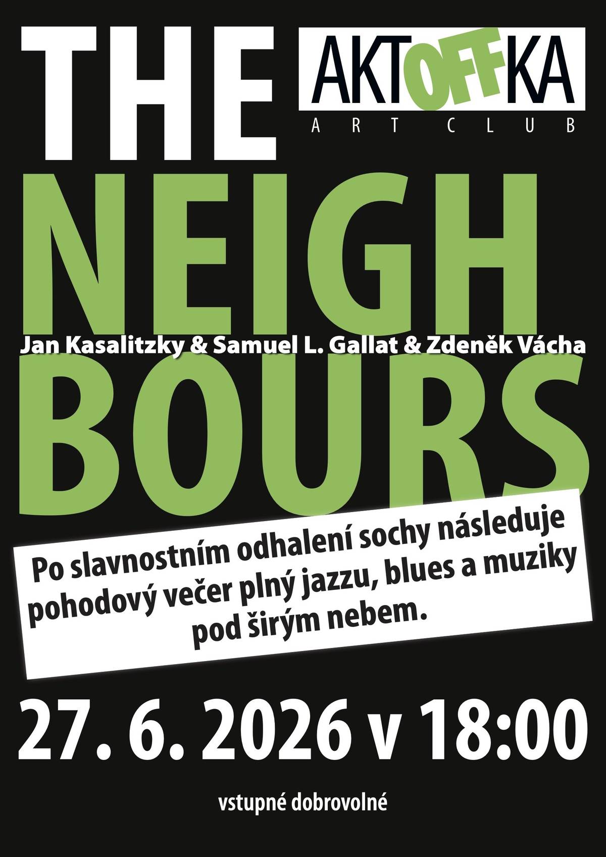 V sobotu 27. června od 17.30 vás AktOFFka Art Club zve na slavnostní odhalení bronzové sochy Kód krásy od sochaře Štěpána Císaře Beránka. Nové autorské dílo bude umístěno na vyhlídce u Aktoffky a stane se trvalou součástí veřejného prostoru v Buštěhradě. Součástí programu bude setkání s autorem, krátké povídání o vzniku sochy a její slavnostní odhalení. Na umění pak od 18.00 plynule naváže hudba. Večer zakončí koncert kapely The Neighbours, jejíž název není náhodný – tvoří ji sousedé z Buštěhradu, se kterými si tentokrát zazpívají i další sousedé, a zahrají tak vlastně sousedé se sousedy pro sousedy. Čeká vás příjemný letní večer plný jazzu, blues a pohodové atmosféry pod širým nebem. A protože k letnímu setkání patří i něco dobrého na zub, rozpálíme také gril.