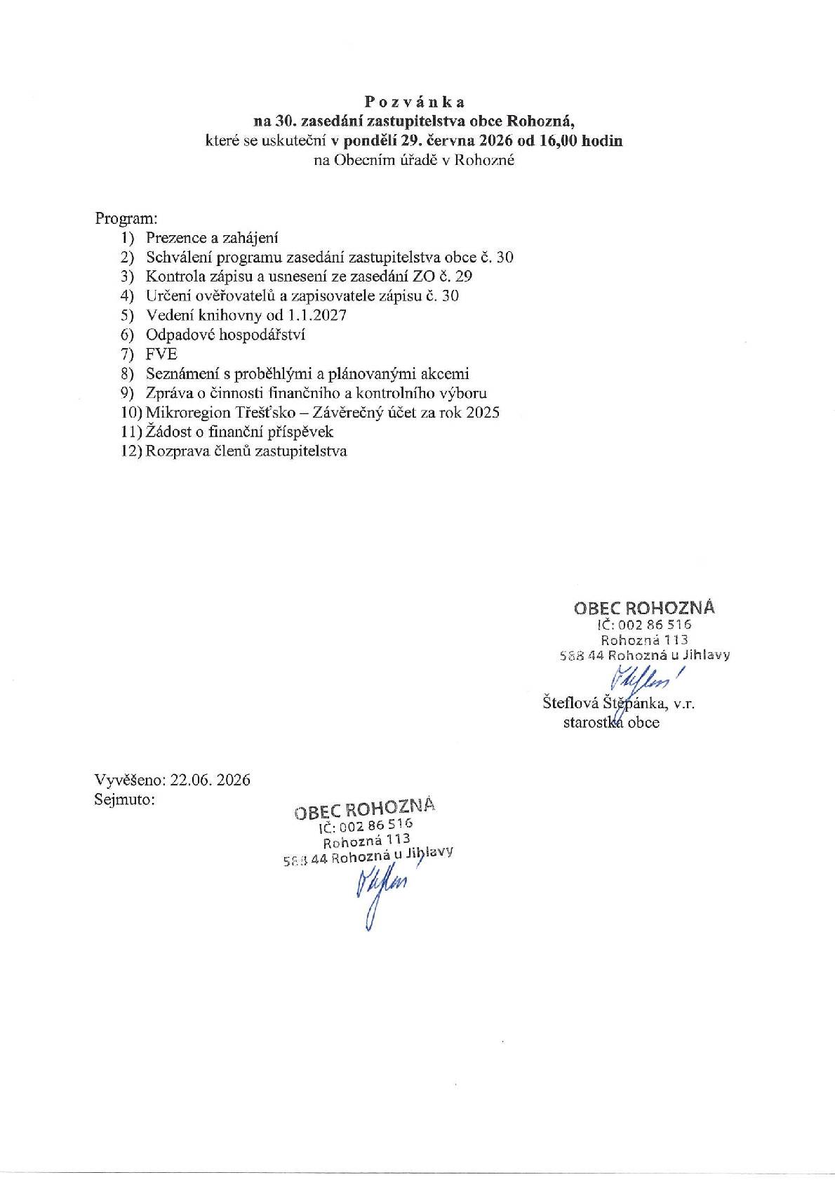 Pozvánka na zastupitelstvo obce