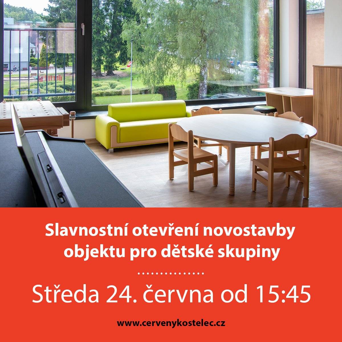 Slavnostní otevření nové budovy, spojené se dnem otevřených dveří a možností prohlídky interiéru, proběhne ve středu 24. června od 16:00. Celou akci hudebně doprovodí Family Band při MDO ČK pod vedením Hanky Řezníčkové Kukulové, který bude hrát již od 15:45.  Novostavbu objektu pro Dětské skupiny Města Červený Kostelec najdete na adrese ul. Manželů Burdychových 1361, Červený Kostelec (budova vedle řeznictví, vstup v zadní části budovy od ul. Koubovka).