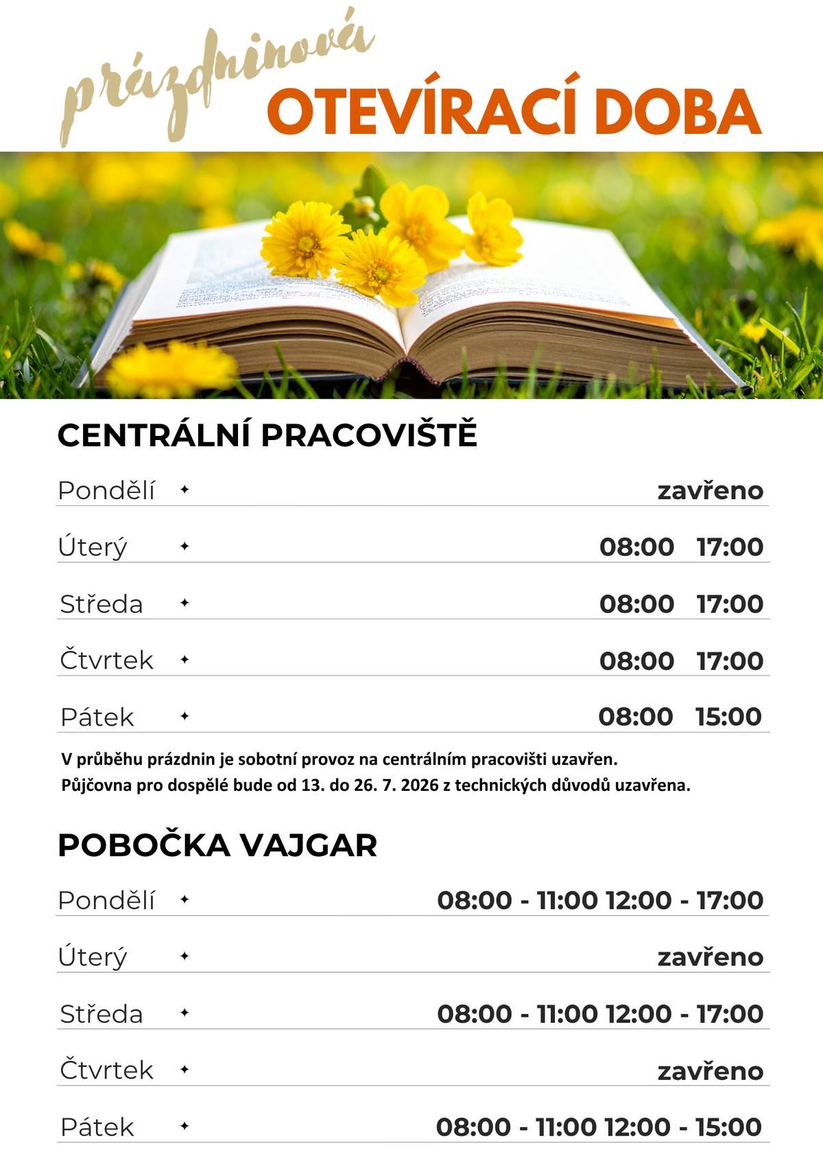 Městská knihovna Jindřichův Hradec upozorňuje, že půjčovna pro dospělé na centrálním pracovišti knihovny (u Lidlu) bude od 13. 7. do 26. 7. 2026 z technických důvodů uzavřena. Vracet vypůjčené dokumenty lze na ostatních odděleních knihovny nebo prostřednictvím biblioboxu před budovou. Všechny výpůjčky jsou automaticky prodlouženy. Objednané dokumenty budou po dobu uzavírky připraveny k vyzvednutí na hudebním oddělení knihovny.