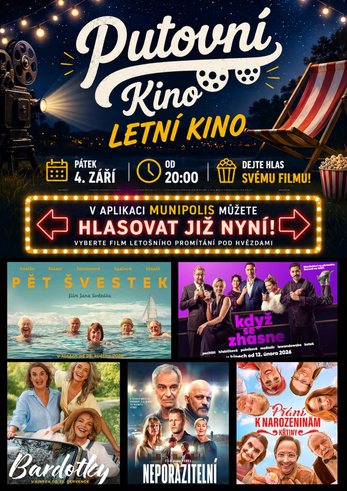 Vyberte si oblíbený film a dejte mu svůj hlas! Film s největším počtem hlasů se bude promítat v pátek 4. září ve sportovním areálu Bradlec.  Hlasovat můžete do 19. července do 23:59 hod.