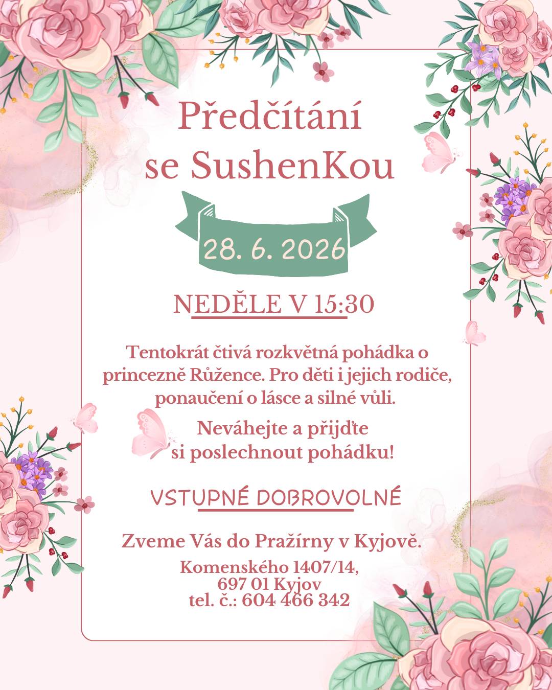 Pražírna v Kyjově Vás zve na Předčítání se SushenKou v neděli 28. 6. 2026 v 15:30 do baru/kavárny Pražírna v Kyjově!