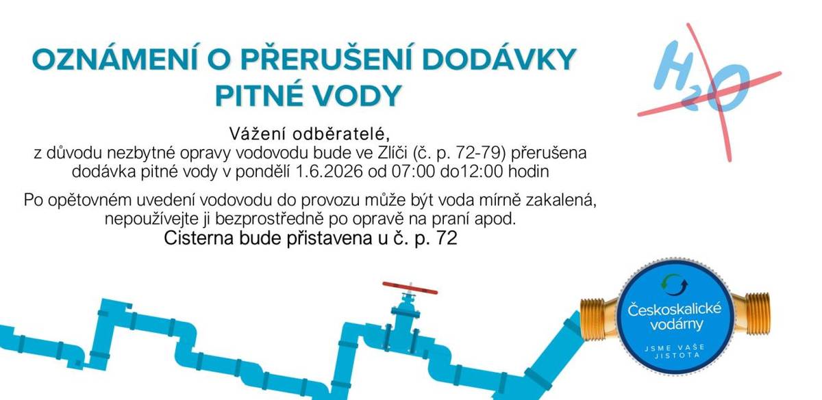 Prosíme vás, abyste měli v zásobě dostatečné množství pitné vody.Po opětovném uvedení vodovodu do provozu může být voda mírně zakalená, nepoužívejte ji bezprostředně po opravě na praní apod.