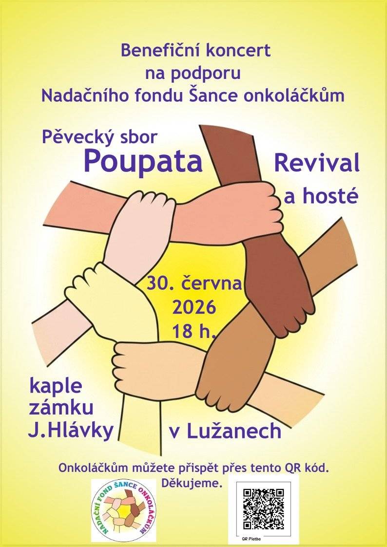 Zveme vás na benefiční koncert pěveckého sboru Poupata Revival a hostů na podporu Nadačního fondu Šance onkoláčkům. Koncert se koná v úterý 30. června 2026 od 18:00 hodin v kapli zámku J. Hlávky v Lužanech.