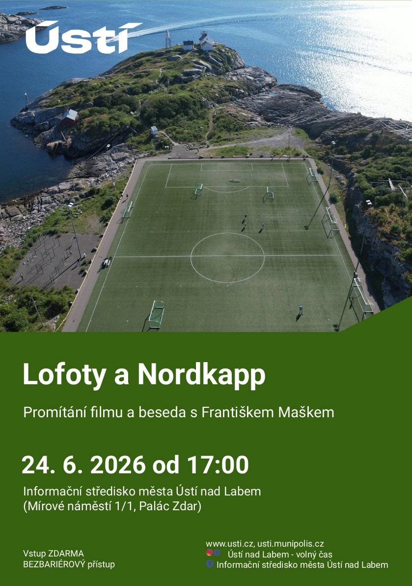 Cestovatelská přednáška Františka Maška Vás zavede na 30denní putování automobilem po norském souostroví Lofoty až k legendárnímu mysu Nordkapp. Prostřednictvím působivých fotografií, autentických zážitků a filmových záběrů poznáte jedny z nejkrásnějších a nejodlehlejších míst severu. KDY: 24. 6. 2026 od 17:00 KDE: Informační středisko města Ústí nad Labem (Mírové náměstí 1/1, Palác Zdar) Přednáška je určena nejen těm, kteří podobnou cestu plánují a hledají inspiraci či praktické informace, ale také všem milovníkům cestování, dobrodružství a severské přírody. Součástí programu bude rovněž promítání 30minutového dokumentu, kterým provází známý herec Otakar Brousek.  Přijďte objevit fascinující svět fjordů, rybářských vesnic, polárního dne a nekonečných severských horizontů. Nechte se inspirovat cestou, na kterou se nezapomíná.
