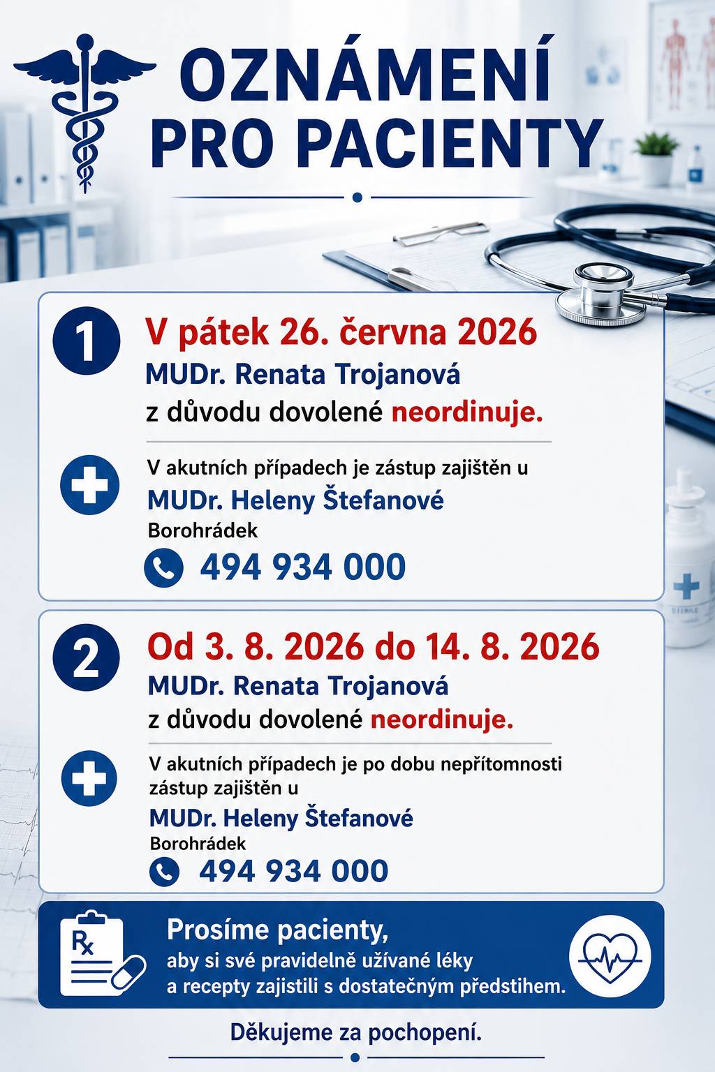 Informace pro pacienty – dovolená MUDr. Renaty Trojanové ke konci června a v průběhu letních prázdnin.