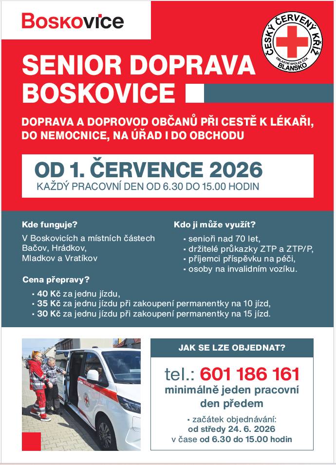 Od 1. července 2026 spouští město Boskovice novou službu Senior doprava, která je určena především seniorům a osobám se sníženou mobilitou. Cílem služby je usnadnit těmto občanům cestování po městě i místních částech a pomoci jim při běžných každodenních cestách, například k lékaři, na úřady nebo do dalších zařízení. Objednávky na přepravu přijímáme od středy 24. června, objednat se je potřeba minimálně den předem.