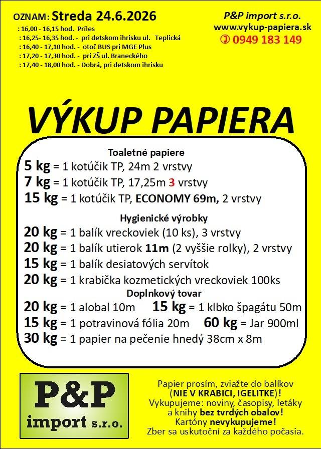Výkup papiera sa uskutoční v stredu 24.06.2026