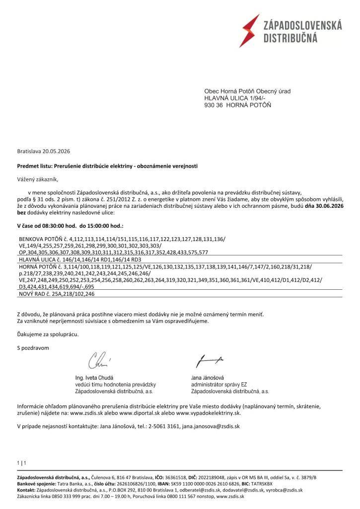 Prerušenie distribúcie elektriny - oboznámenie verejnosti 30.06.2026 - od 8:30do 15:00