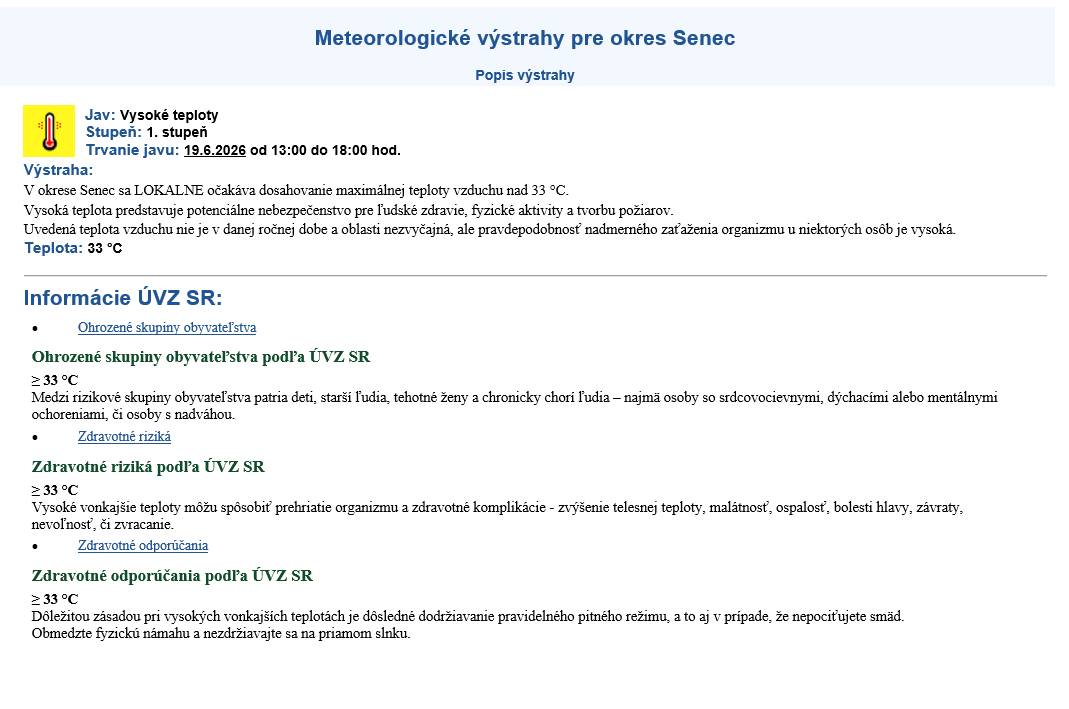 Výstrahy SHMU - vysoké teploty - Senec - od 19.6.2026 do 21.6.2026